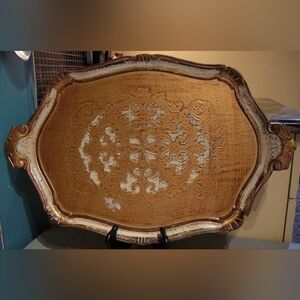 Vintage Large Florentine Serving Tray Cream & Gold Toleware 23"